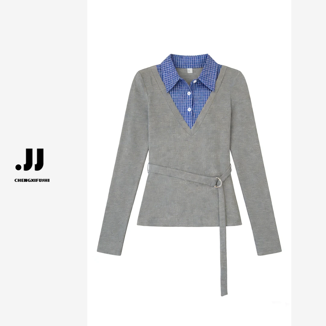 【漫度假日】Y1012 Y1020 T恤修身时尚保暖冬季长袖假两件T恤+腰带