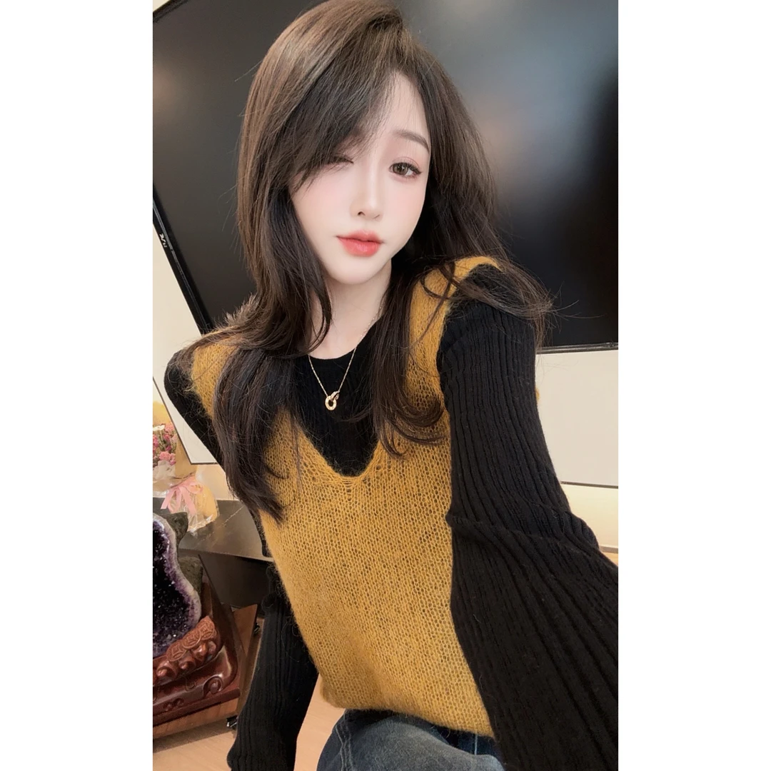 【陈陈私服】气质设计感套头款无袖针织衫v领马海毛马甲25091607