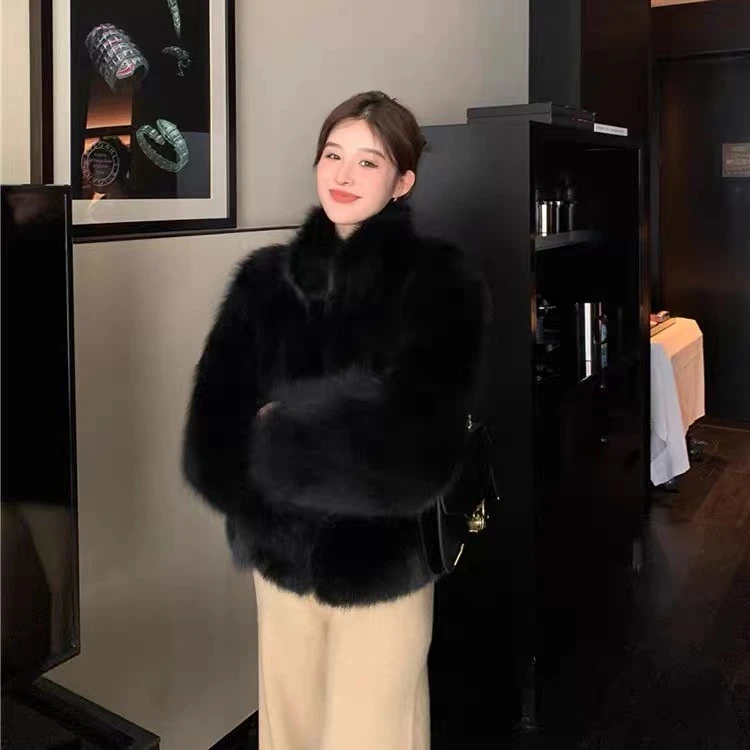 秋冬棉衣棉服厚外套韩系时髦仿狐狸毛大衣短款宽松立领毛毛外套女