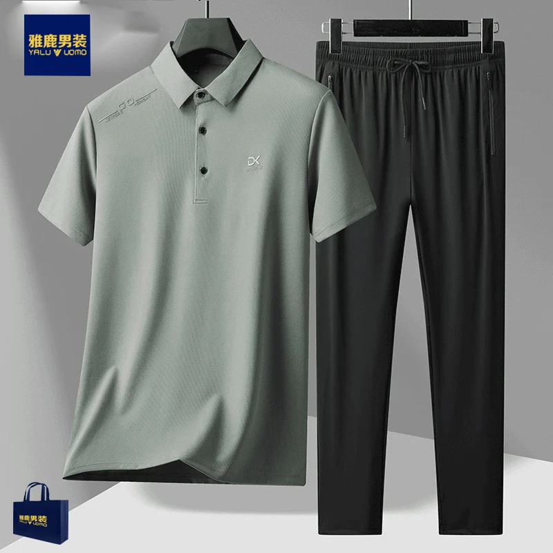 雅鹿男装父亲冰丝短袖t恤运动套装男士夏季中老年爸爸夏装衣服男