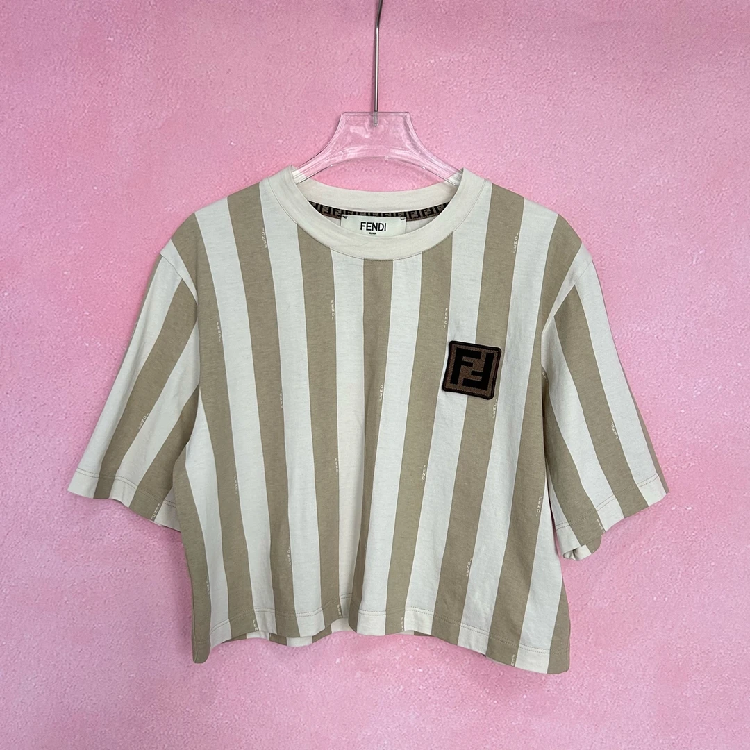 99新 FENDI/芬迪 米色拼卡其色竖条纹短袖上衣t恤 M码