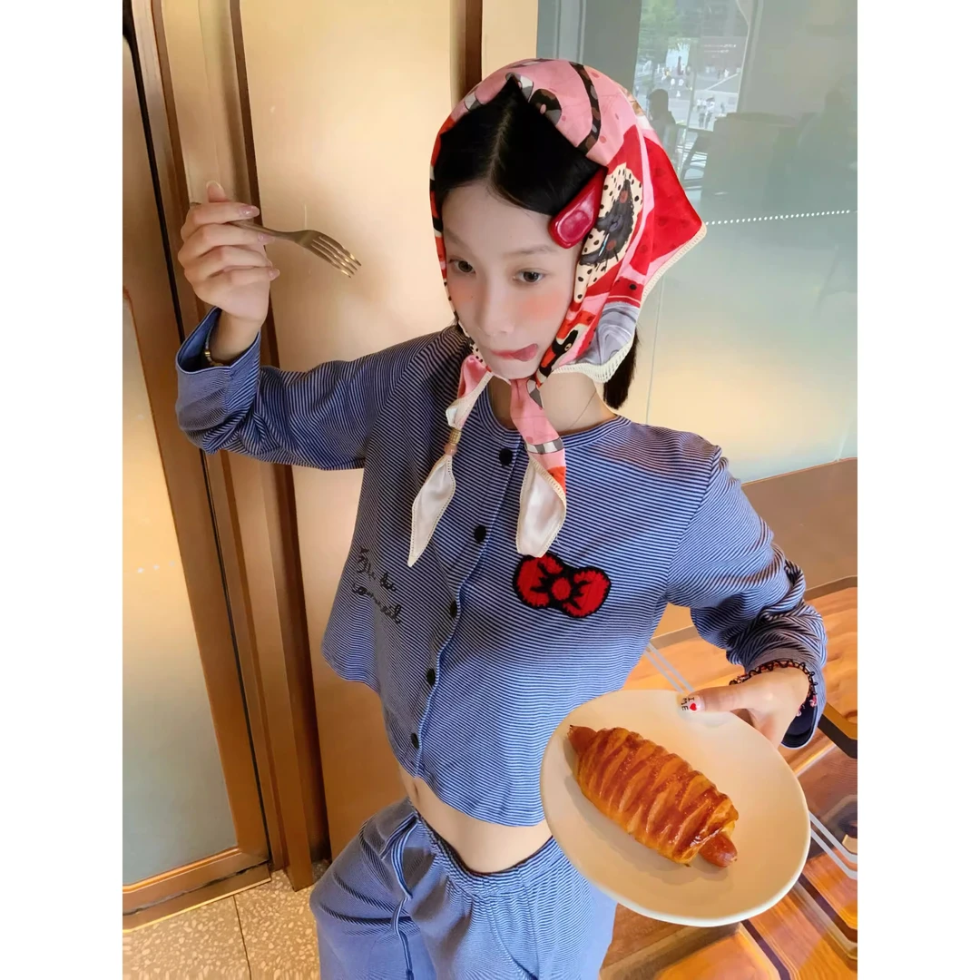 韩系甜辣风高级感ins蝴蝶结印花条纹睡衣女款夏季显瘦家居服套装