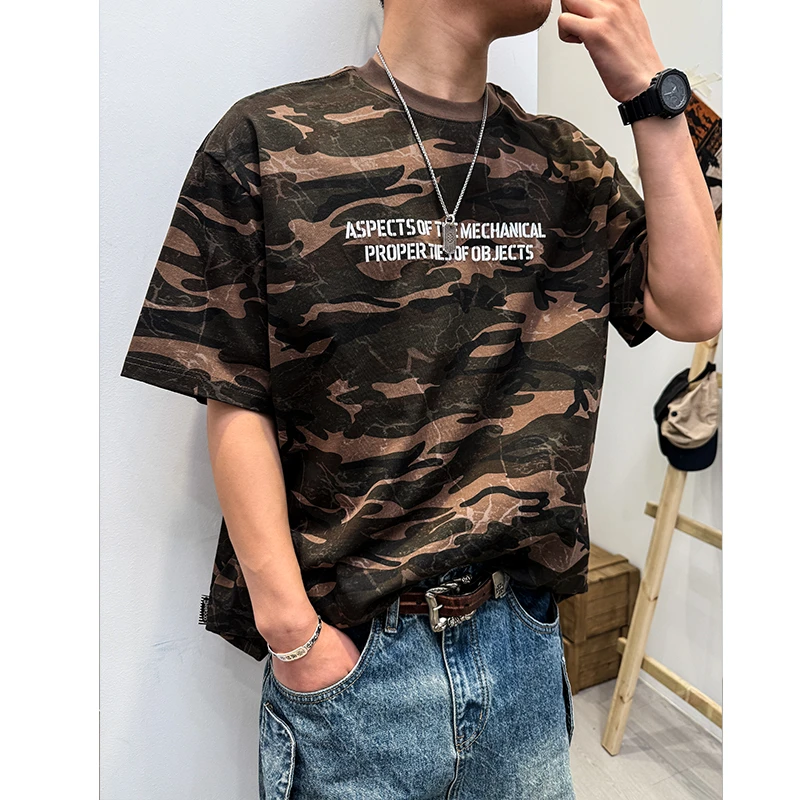美式潮牌复古迷彩短袖男夏季特殊染色工艺百搭圆领短袖T恤