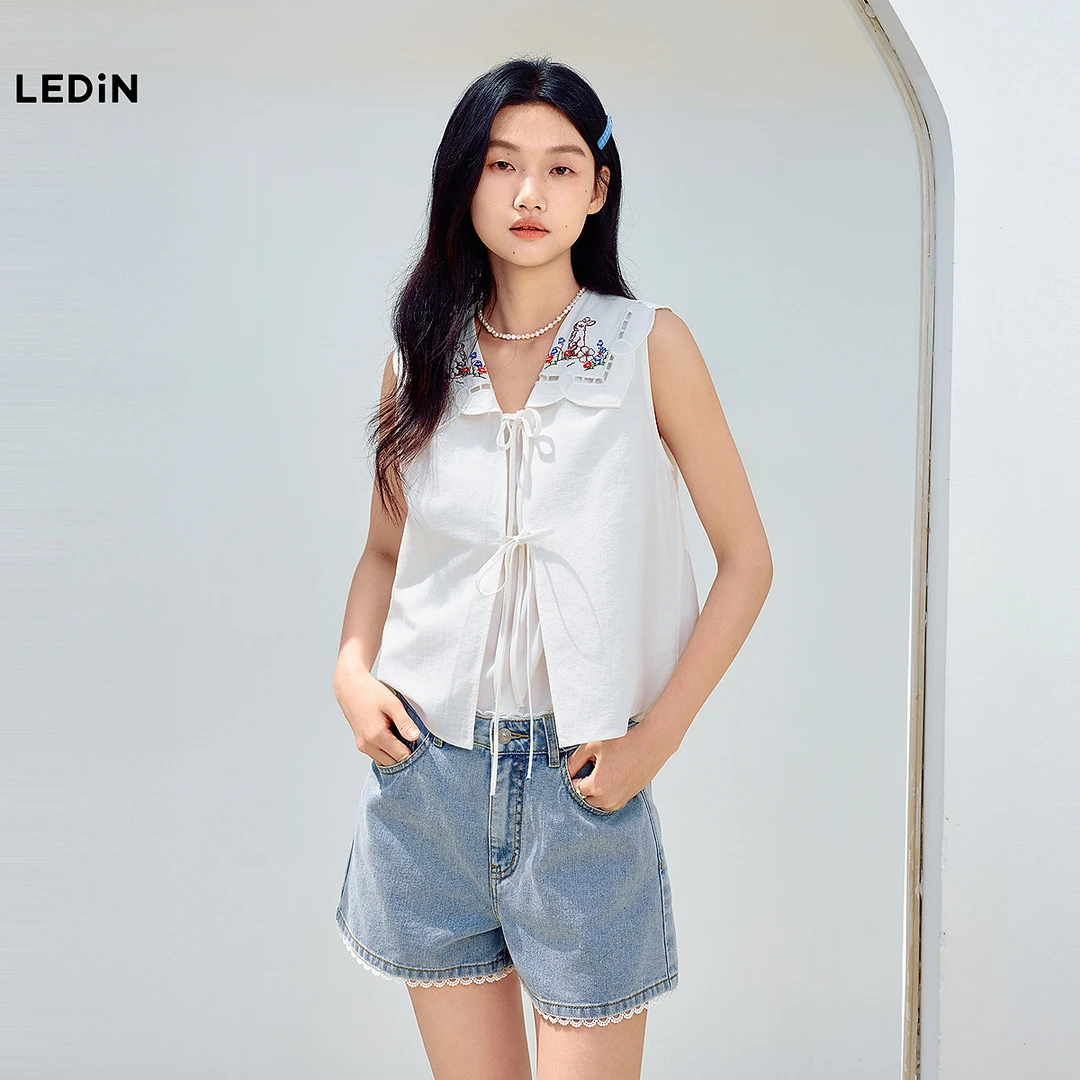 乐町翻领设计甜美系带上衣25年夏季新款刺绣图案无袖马甲造型小衫