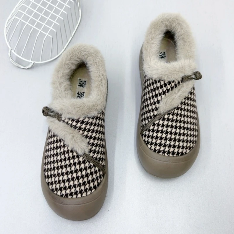 低帮复古优雅民族懒人鞋格子棉鞋冬季棉鞋一脚蹬休闲棉鞋妈妈棉鞋