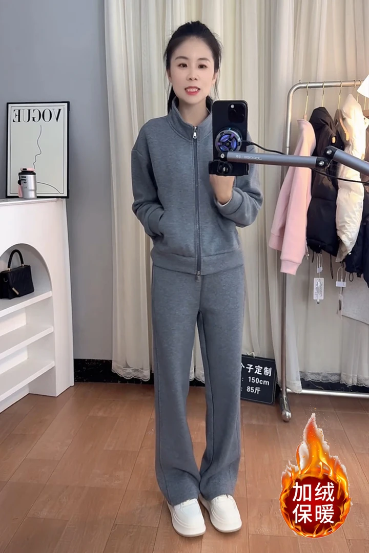 25072小个子定制新款秋冬加绒加厚休闲运动套装女时尚洋气两件套