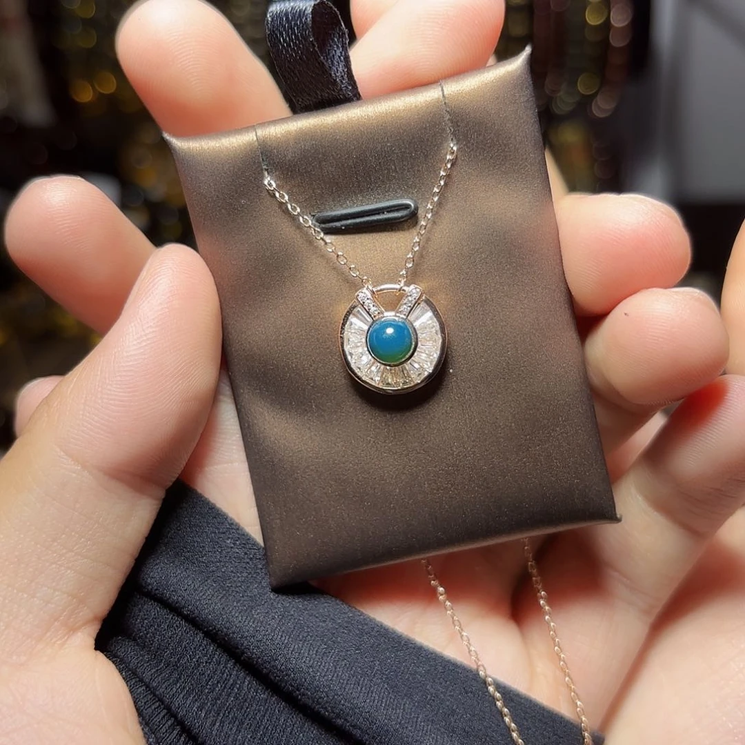 银S925镶嵌琥珀裸石5mm多米银项链