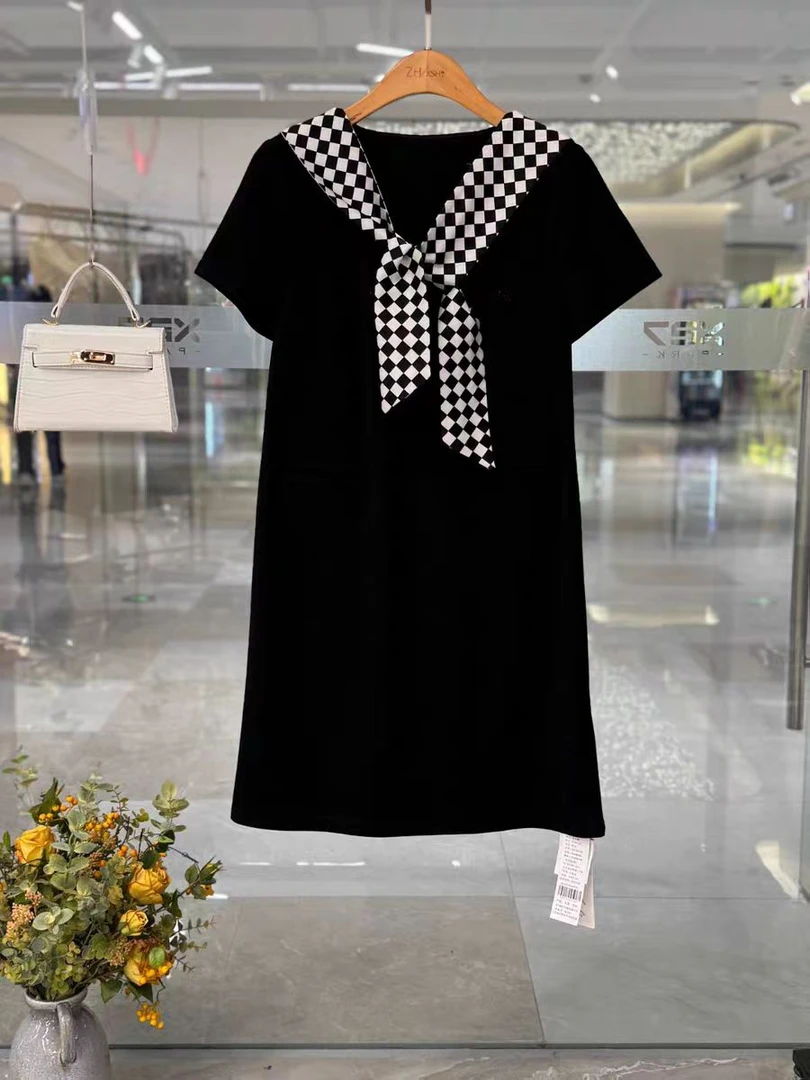 【W28黑色棋盘格】MYY2025时尚百搭洋气中长款连衣裙
