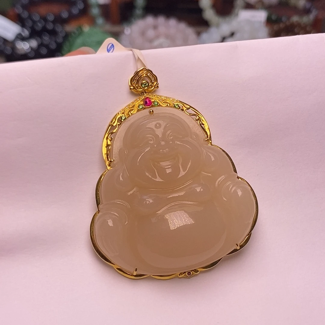 和田玉未镶嵌颈饰收藏老矿料浓红藕粉金镶佛公