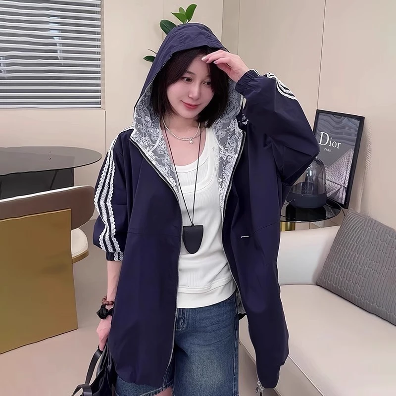 【洋气微胖女装】连帽蕾丝拼接棒球服外套2025早秋新款休闲宽松风衣