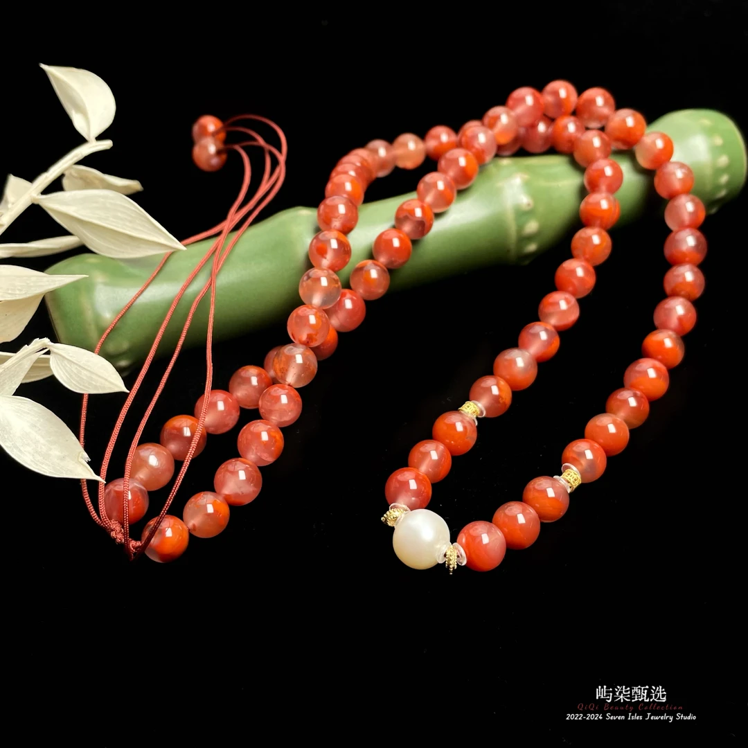 【要努力】A832 玛瑙18k金镶嵌 单珍飘红珠项绳