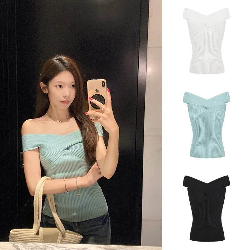 实拍现货~一字肩针织短袖T恤女夏季大码改良法式无袖上衣性感显瘦