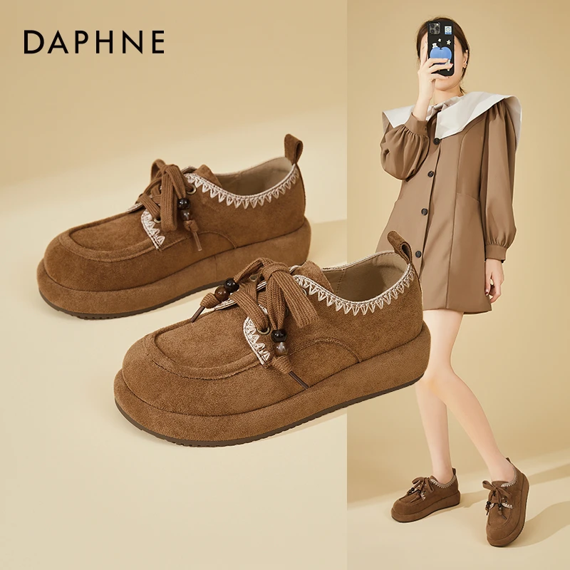Daphne/达芙妮复古圆头勃肯鞋女厚底乐福鞋百搭系带深口单鞋