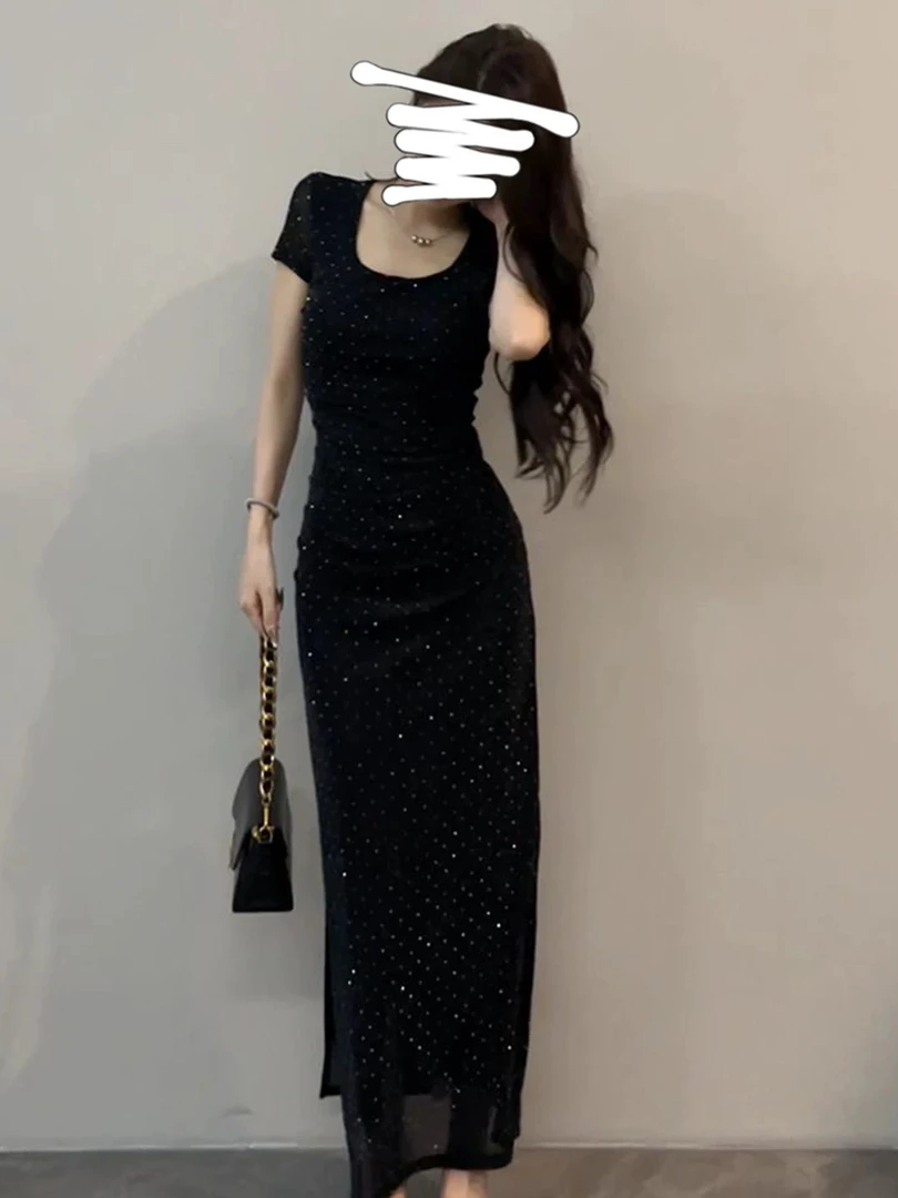 大码赫本风高级感短袖烫钻连衣裙女夏季气质收腰A字开叉长裙9123