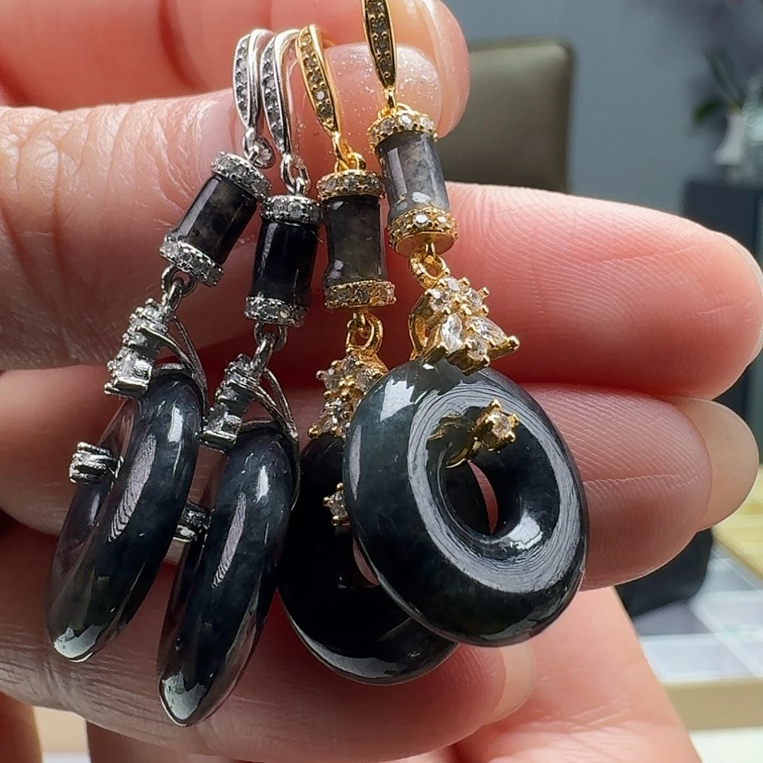 翡翠耳饰银S925镶嵌多样性发货其一