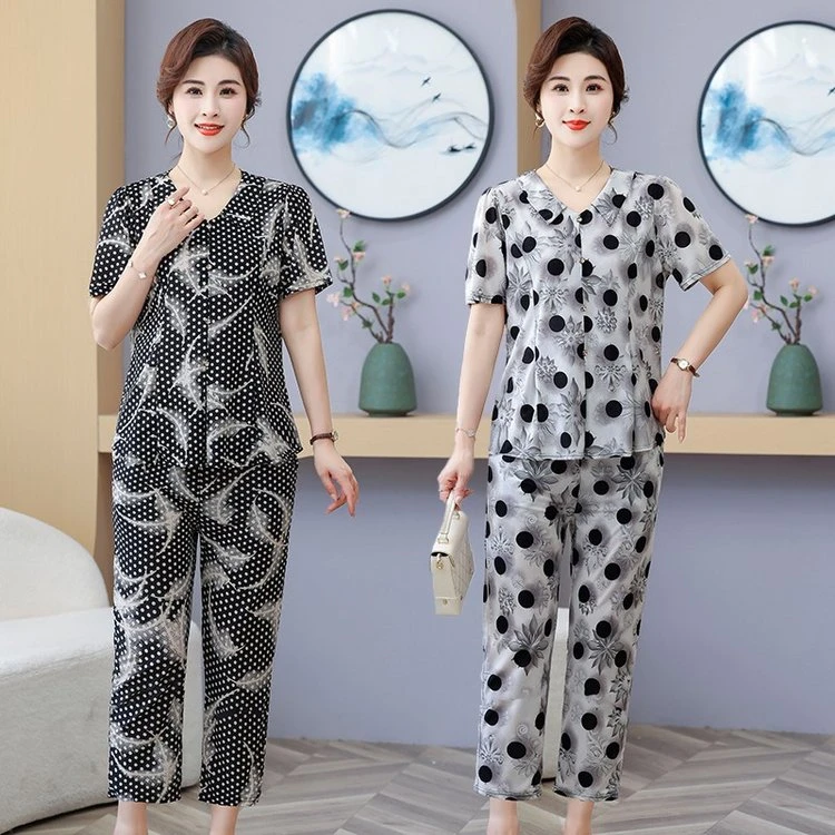 妈妈短袖套装时尚宽松显瘦气质中老年两件套夏季百搭丝滑大码睡衣