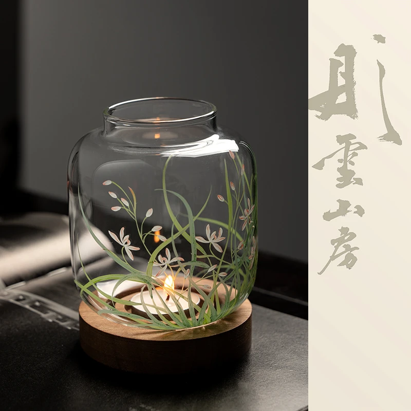 彤云山房玻璃手绘珐琅兰花高档香薰烛台摆件景德镇手工手绘茶具