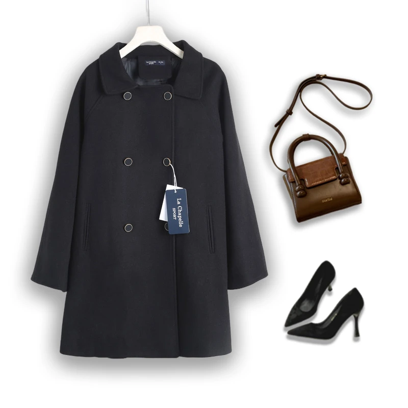 D-HQ-W0061黑色双面大衣女冬装新款秋冬中长款赫本风毛呢外套