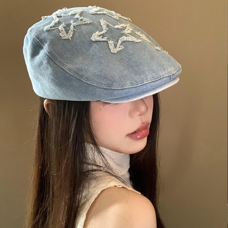 日系复古牛仔毛边星星前进帽女夏季韩版百搭蓝色贝雷帽显脸小帽子