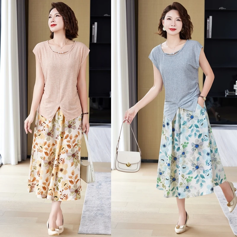 中年妈妈夏装短袖裙子套装洋气中老年女装夏季显瘦半身裙子两件套