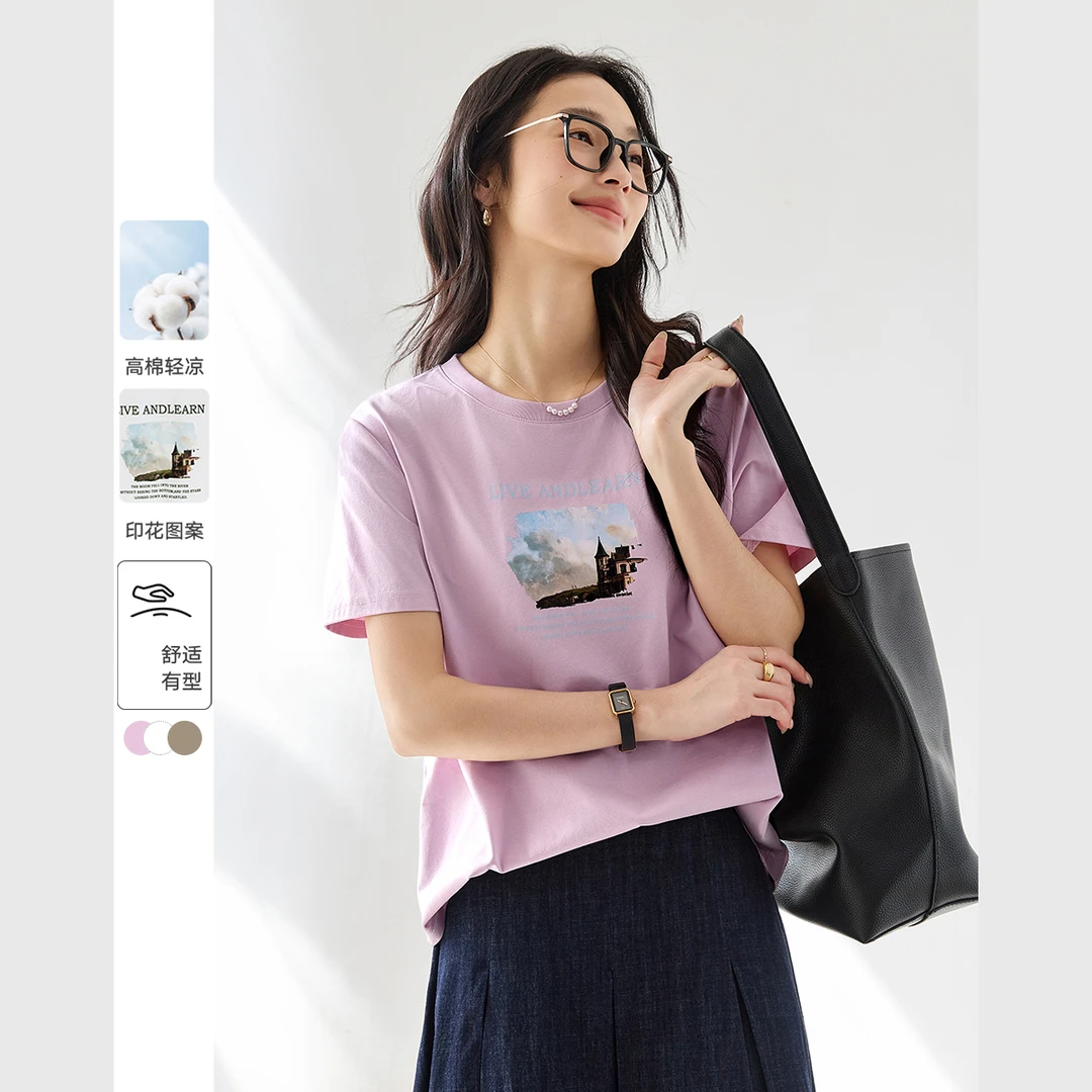 *含棉趣味印花T恤夏款时尚休闲百搭短袖上衣女M9829