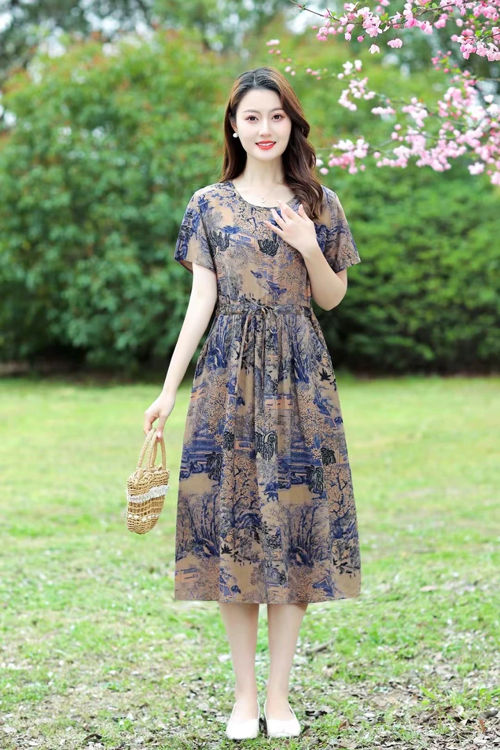 夏季新款棉绸连衣裙中老年短袖妈妈中长款遮肚子显瘦碎花裙子Bada