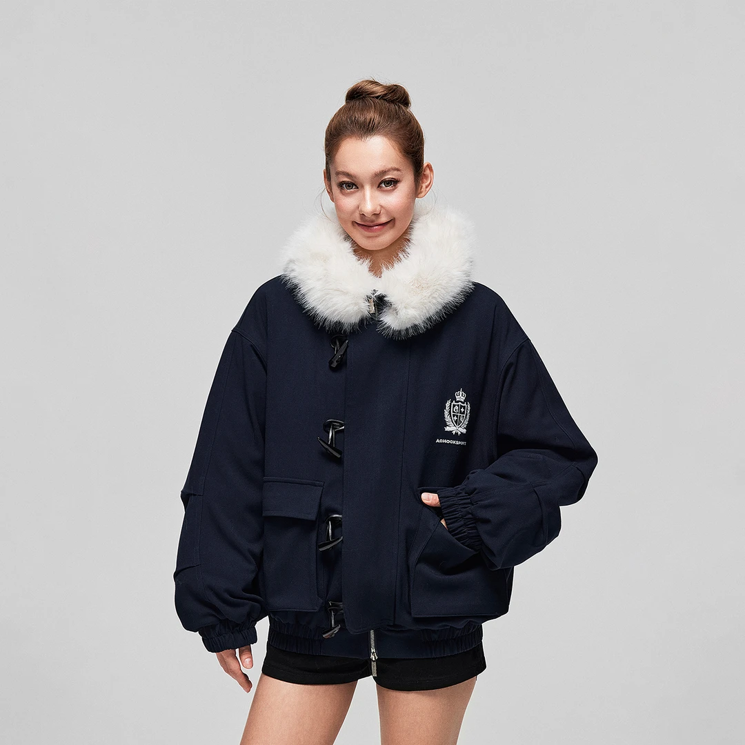 【Achock官方店】学院风牛角扣加厚保暖毛领棉衣服新款情侣夹克女