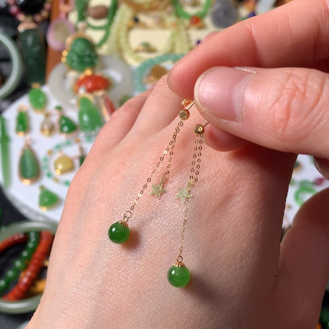 和田玉（碧玉）18K金镶嵌耳饰SL0003