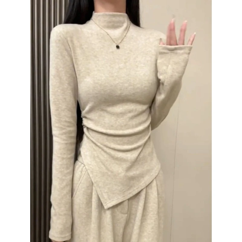 哥弟阿玛施正品燕麦色半高领加绒内搭打底衫女2025新款早秋不规则