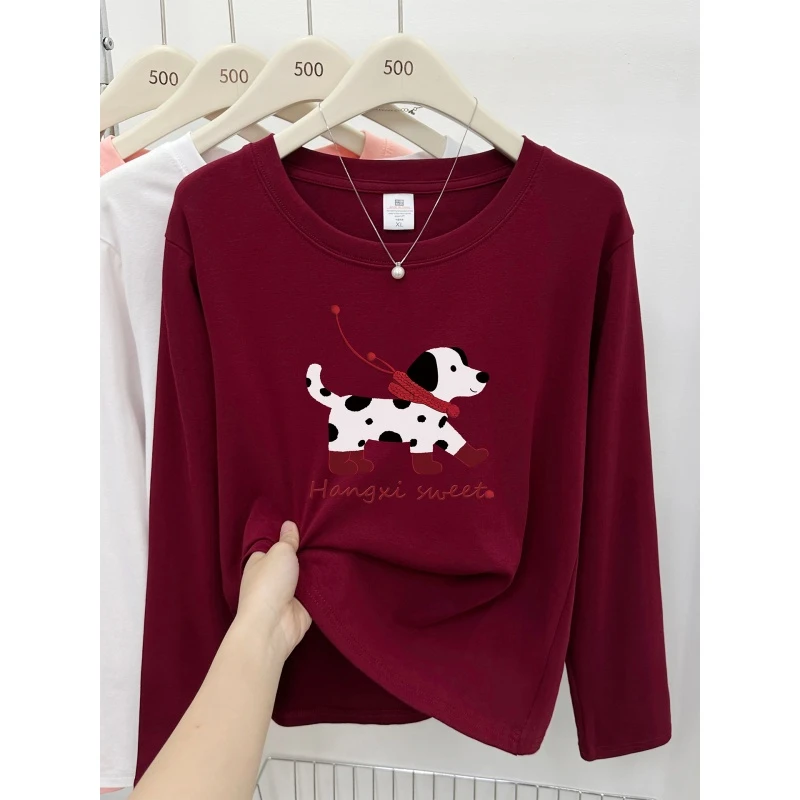 酒红色圆领正肩长袖t恤女装春秋季微胖mm大码遮肚显瘦打底衫上衣