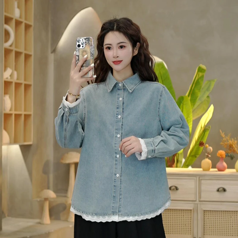 8824 春季宽松休闲蕾丝拼接牛仔衬衫女复古长袖牛仔外套