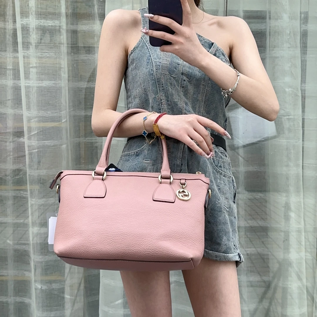 95新 GUCCI/古驰 粉色压纹手提腋下包 TH2015