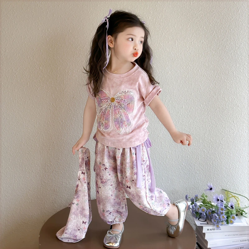 女童套装夏款新款中小童韩版短袖恤休闲裤时尚休闲两件套装