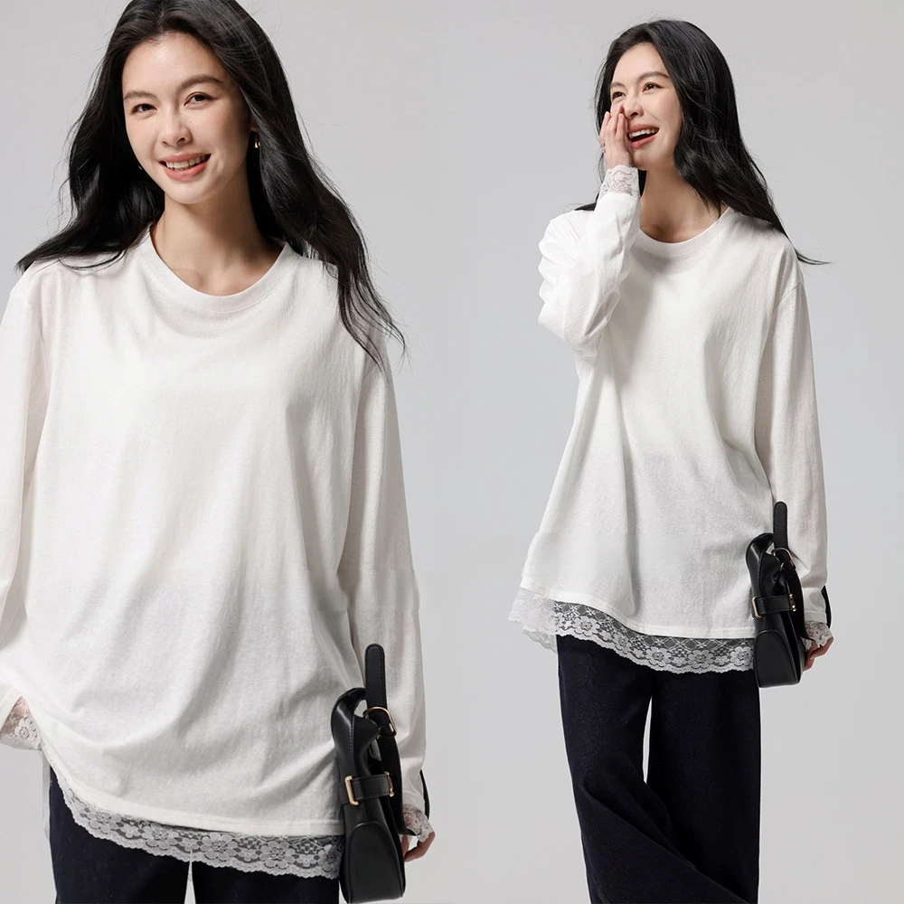 【莱赛尔天丝】雪花纹理感蕾丝边长袖2025韩版时尚宽松洋气百搭T恤