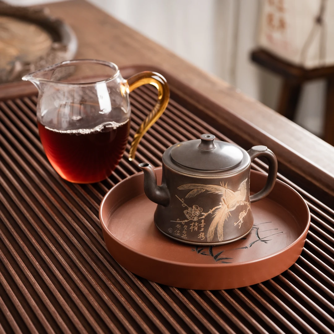 『慕古清泉·喜上眉梢』坭兴陶茶壶省大师刘俭浮雕鸟170cc11412