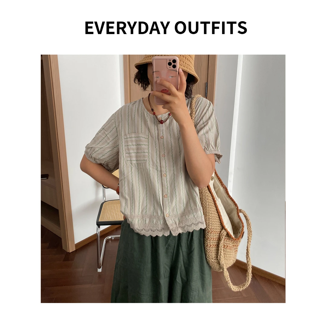 日褡 复古拼蕾丝小花衬衫5E11时尚休闲小众宽松 25026