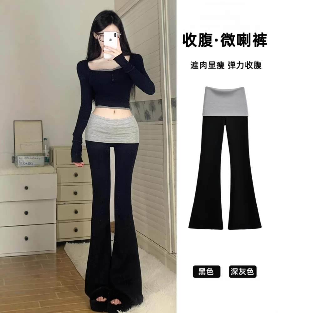2025美式黑色休闲微喇裤女夏季新爆款百搭拼接阔腿时尚轻奢气质潮