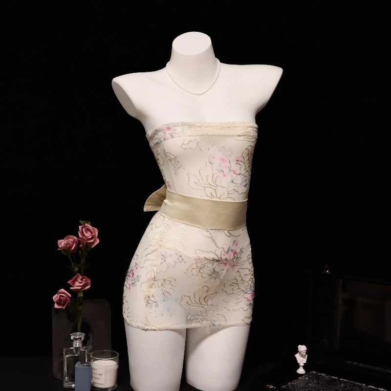 连体抹胸刺绣印花睡裙女性感包臀裙显瘦时尚修身白色国风