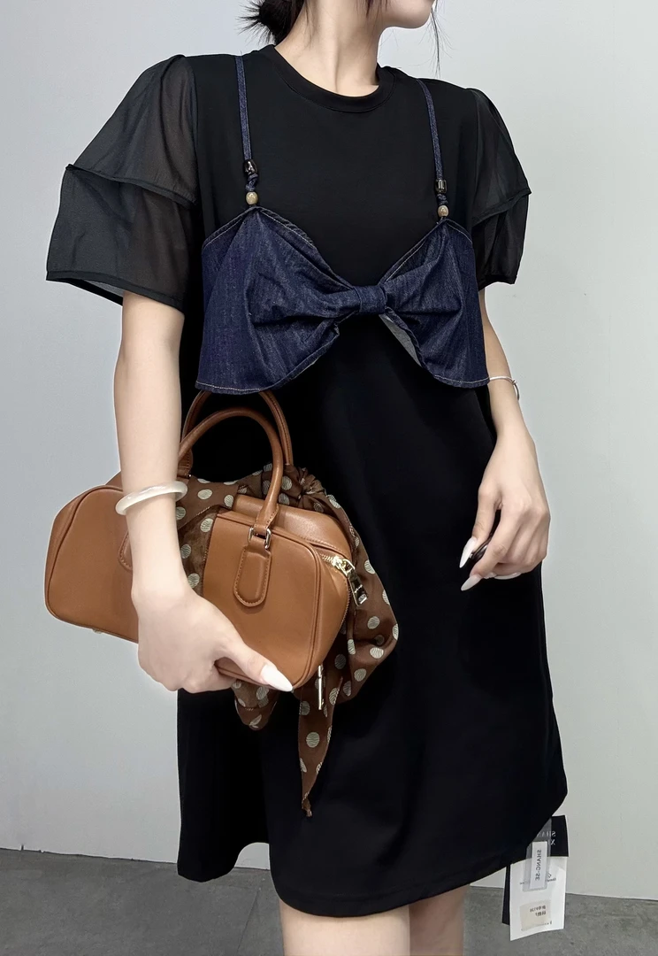 9138#大蝴蝶结高级感拼接假两件连衣裙25夏季休闲百搭中长款长裙