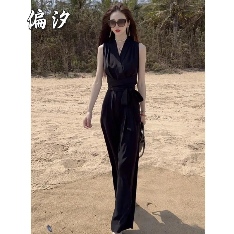 连体裤套装女夏季2025新款高级感无袖时尚休闲连衣裤气质黑色长裤