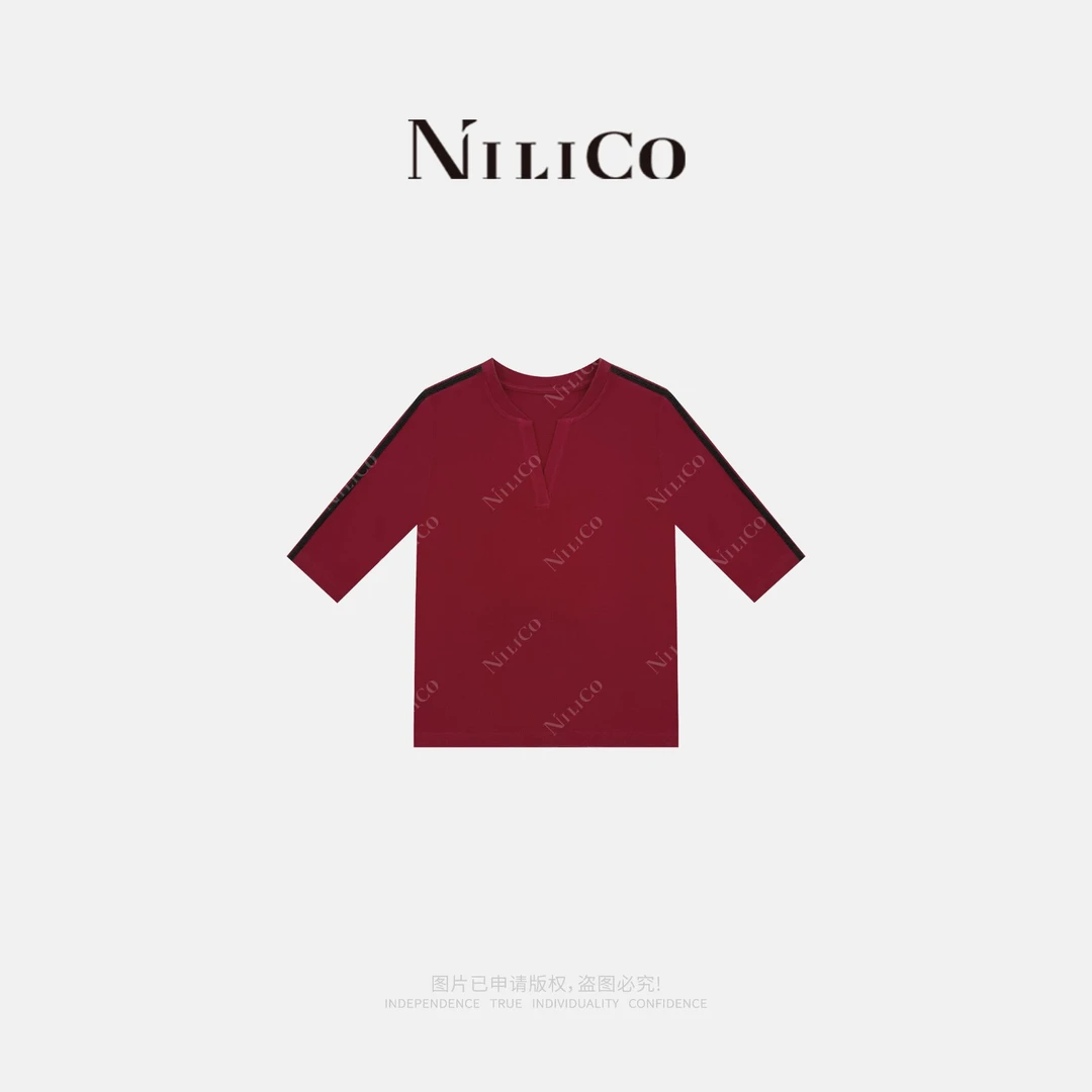 NILICO【灵韵】红色原创时尚新中式小立领天丝羊毛百搭中袖T恤夏季