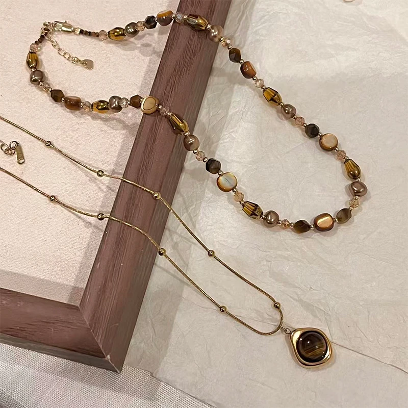 铜项链 美拉德虎眼石串珠双层叠戴毛衣链女复古轻奢高级配饰7310
