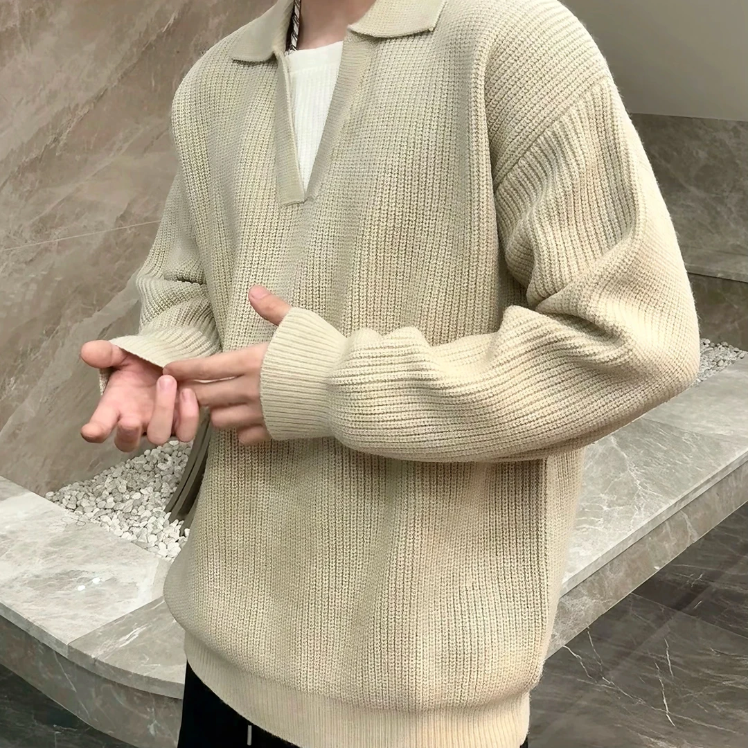 【宇泽】冬季新款V领假两件针织衫毛衣潮流休闲宽松半百搭121