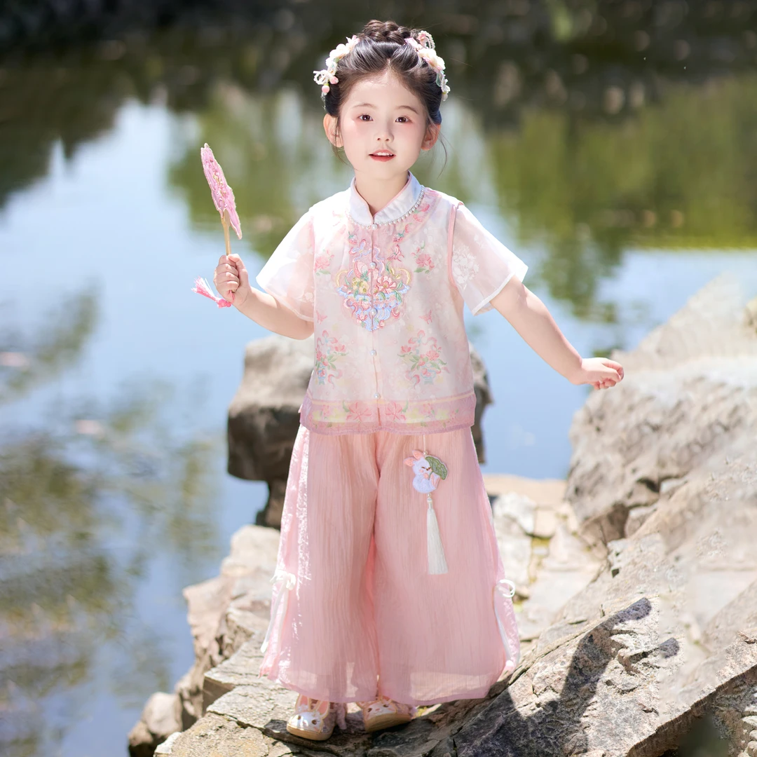 古月家.桃莓 汉服女童夏季儿童新中式古风裤子套装小女孩国风唐装