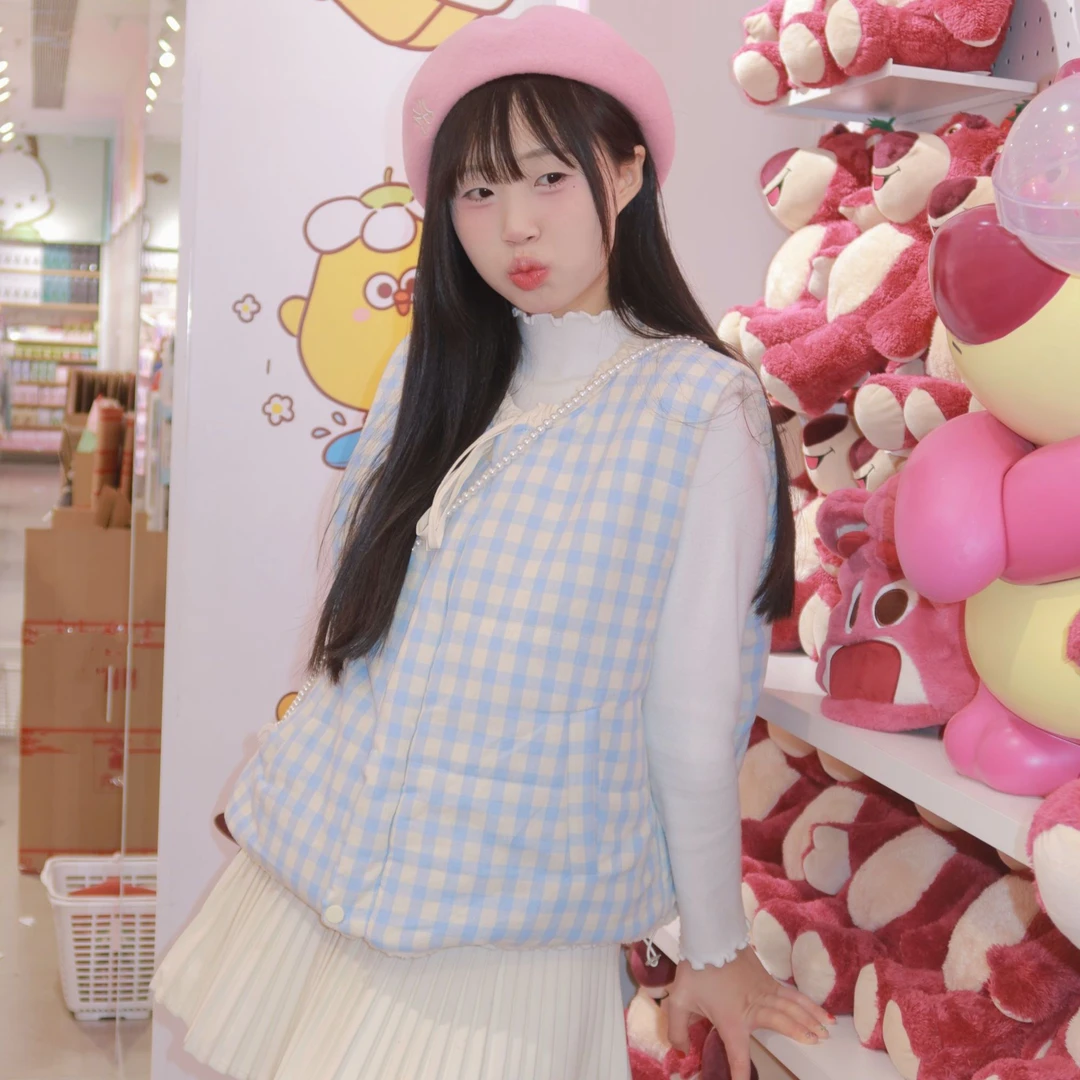 ouousweety【蓝格子】可爱保暖格纹加厚日系马甲上衣