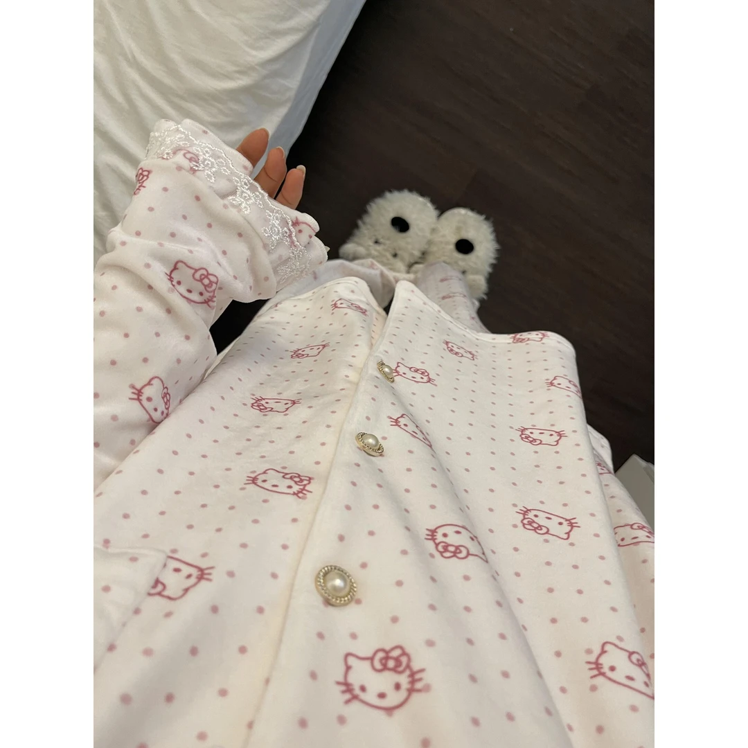 可爱甜美条纹小猫德绒睡衣女秋冬季开衫保暖加厚可外穿家居服套装