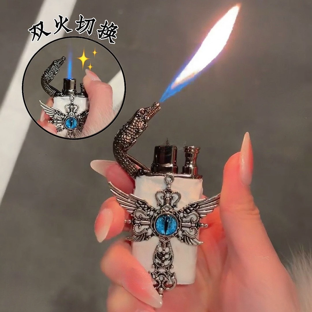 网红新款鳄鱼头双火防风充气打火机金属高端创意火机送男士礼物