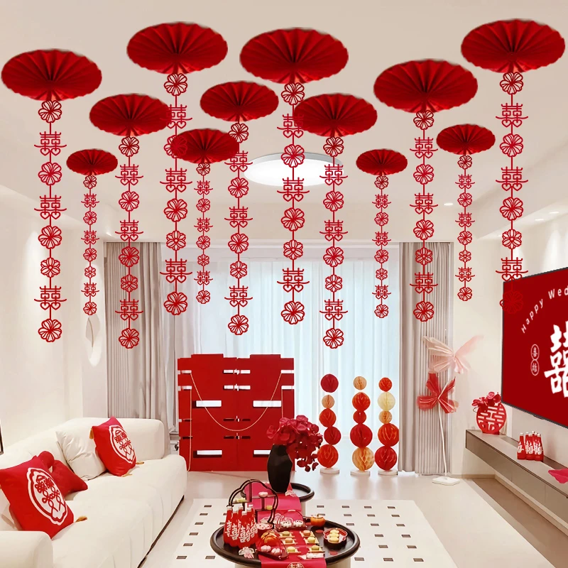 婚房喜字吊顶布置男方女方新房客厅卧室喜字扇花吊顶拉花婚礼装饰