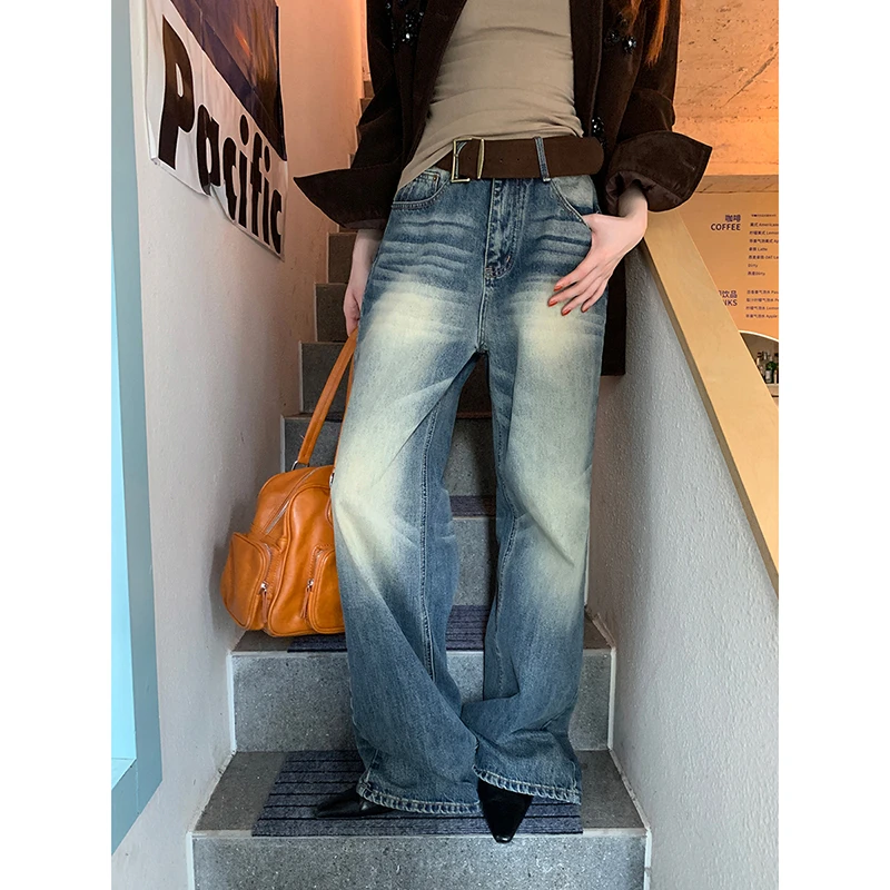 【秋秋清仓】秋季设计感复古磨白水阔腿直筒牛仔裤DQ74095#