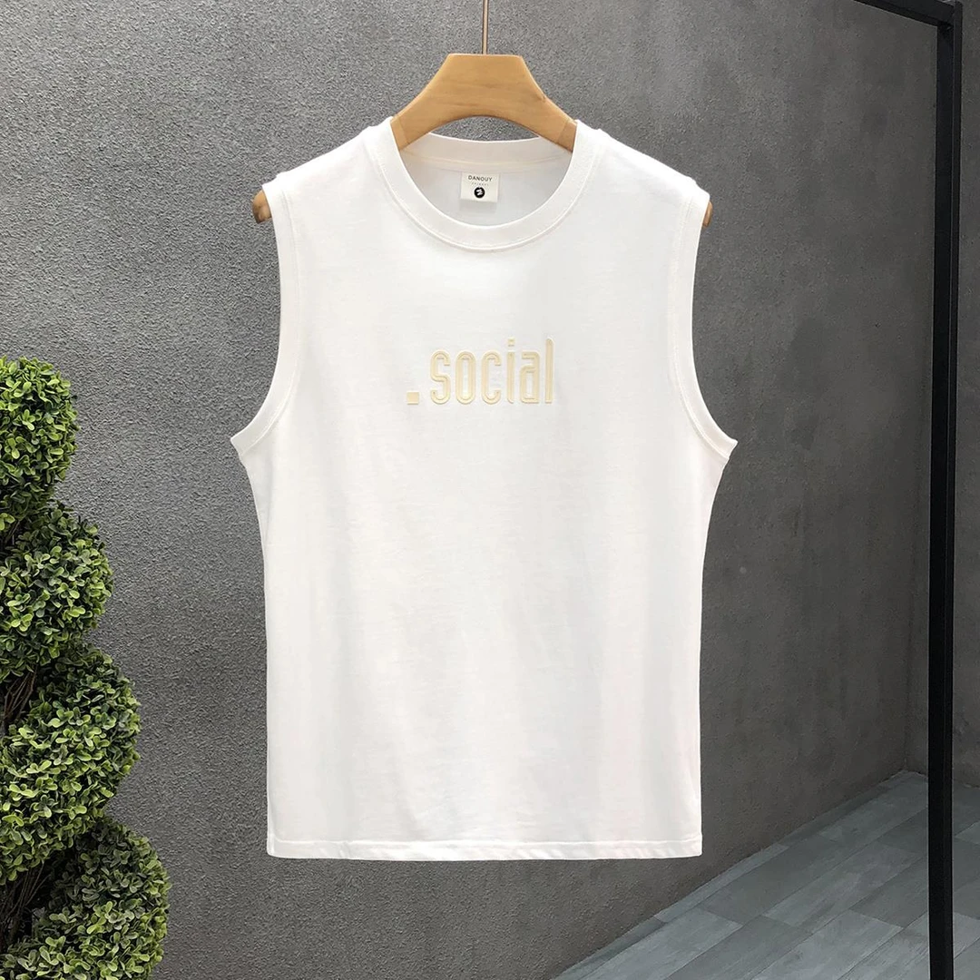 男装潮牌痞帅无袖背心男士2025夏季新款潮流时尚白色汗衫圆领休